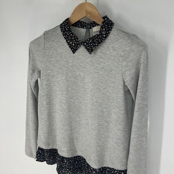 LOFT Long Sleeve Top Floral‎ Collar & Ruffle Hem Womens Petite Size XXS Gray NWT - Picture 5 of 12
